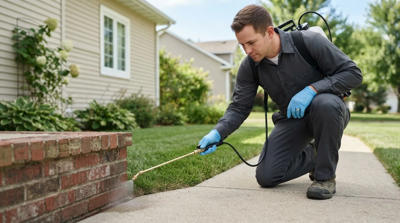 Pest control technician treating a home near Cheswold, DE